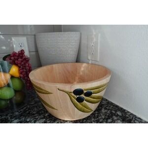 Clay art Large vintage wooden Olive branch serving bowl 12‎ inches wide